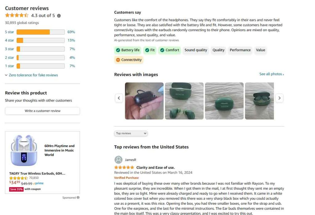 Here's an image of a product page with highlighted positive reviews and a testimonial section. Include a badge for a top-rated review and quotes from satisfied customers to emphasize the impact of social proof.