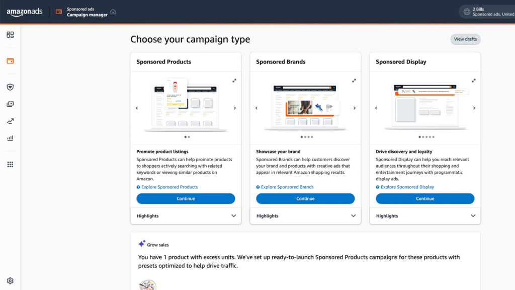 Screenshot of Amazon Campaign Manager showing the options for setting up a Sponsored Brands Video Ad campaign.