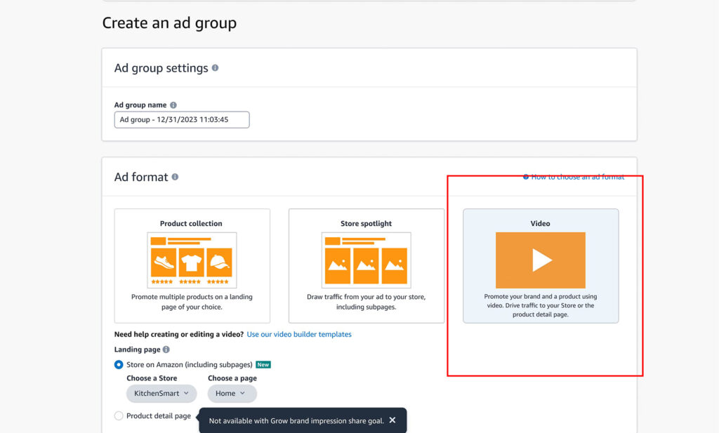 Screenshot of the video upload section in Amazon Campaign Manager, showcasing a sample video ad being uploaded.