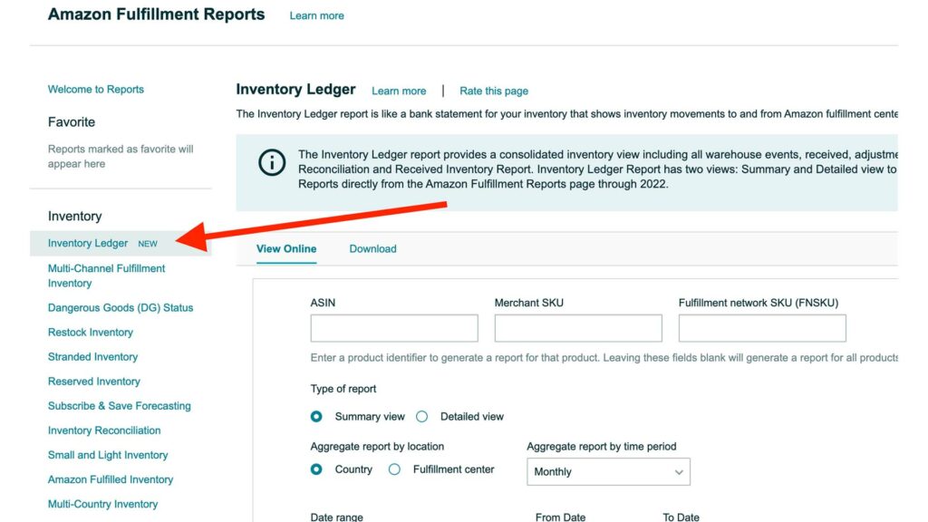 Here's a Seller Central Dashboard Screenshot Showing Where To Navigate To Generate The Inventory Ledger Report 