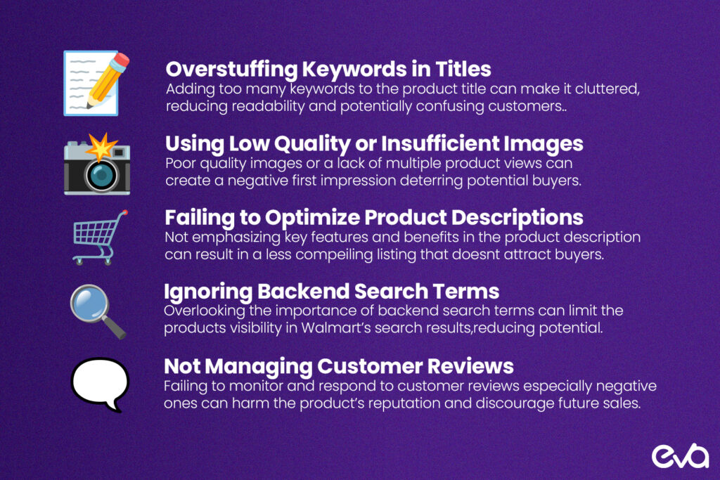 Here's An infographic showing common mistakes in Walmart listing optimization, with tips on how to avoid them.