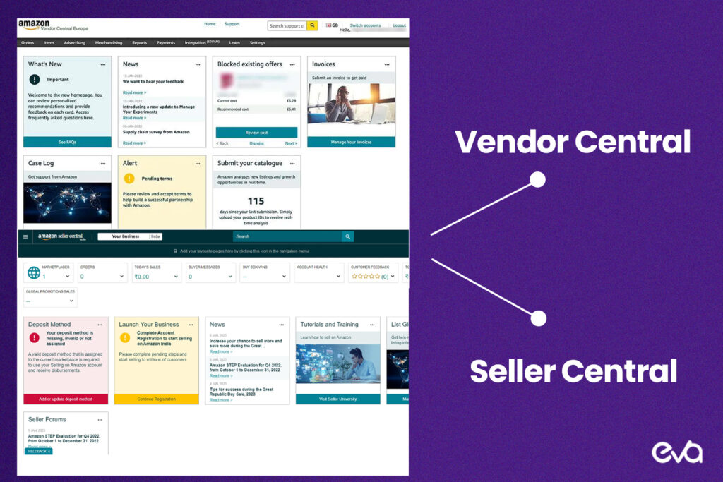 Here's A split-screen image showing the difference between Vendor Central and Seller Central. On one side, depict a brand selling directly to Amazon (Vendor Central), and on the other, show a seller managing their inventory (Seller Central)