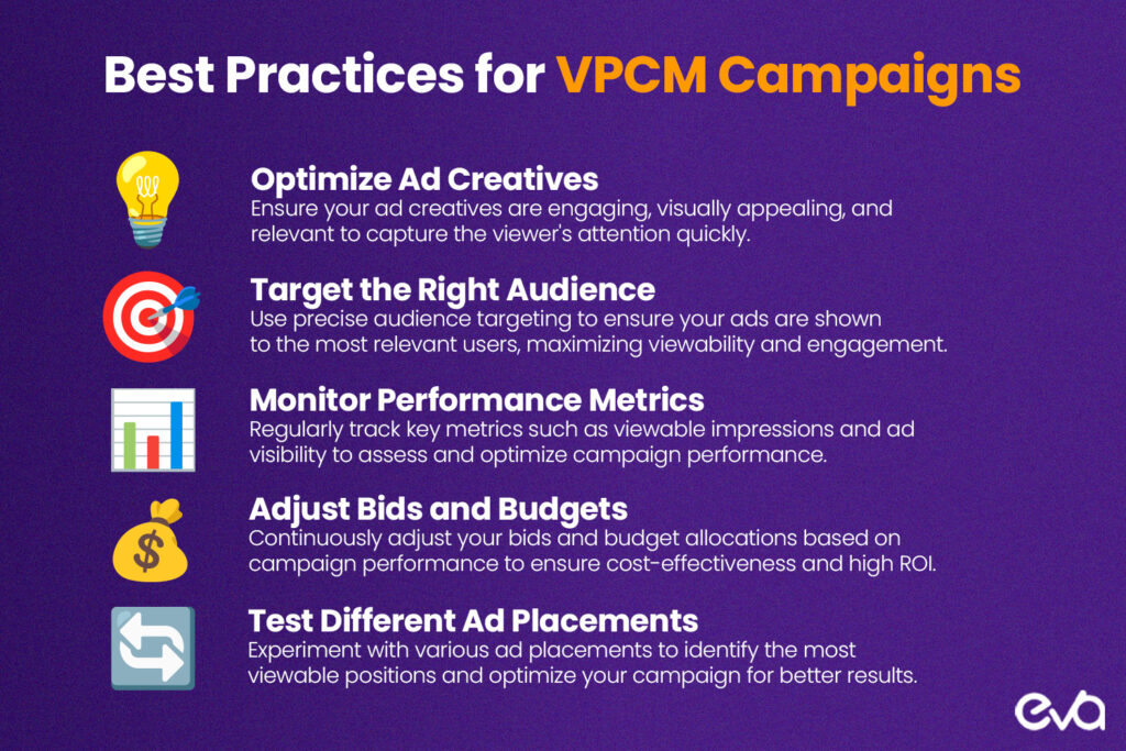 Here's An infographic displaying the best practices for VCPM campaigns, with icons representing each tip 